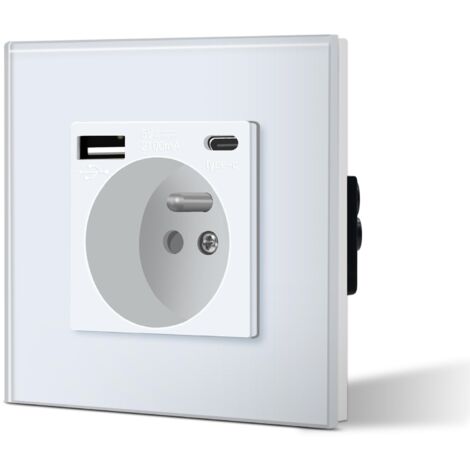 Prise Murale 16A USB Type-C – Prise Électrique Smartphone Tablette Blanc