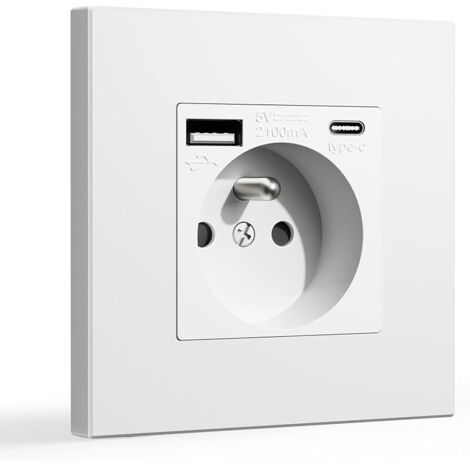 Prise Murale avec USB et 1 Type C,16A Prise de Courant Alternatif avec Panneau en Plastique,Multiprise Murale(Max 2.1A),Convient au Smartphone,à la Tablette (1 Prise avec USB et Type C,Blanc)