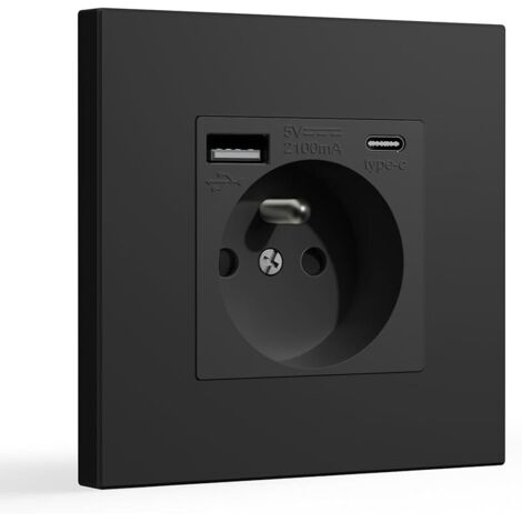 Prise Murale avec USB et 1 Type C,16A Prise de Courant Alternatif avec Panneau en Plastique,Multiprise Murale(Max 2.1A),Convient au Smartphone,à la Tablette (1 Prise avec USB et Type C,Noir)