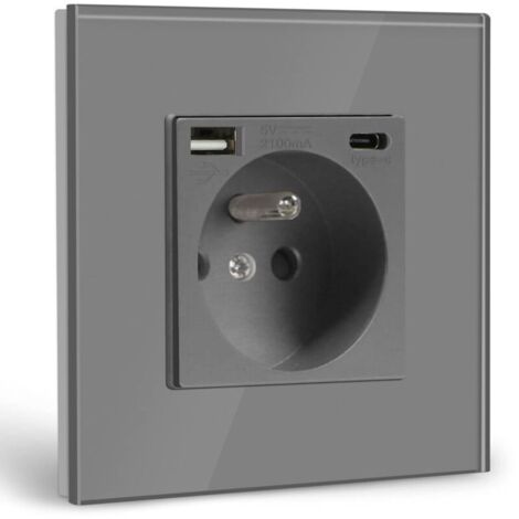Prise Murale avec USB et 1 Type C,16A Prise de Courant Alternatif avec Panneau en Verre,Multiprise Murale Max 2.1A,Convient au Smartphone, à la Tablette (1 Prise avec USB et Type C,Gris)