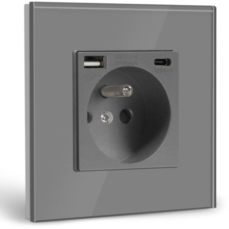 Prise Murale avec USB et 1 Type C,16A Prise de Courant Alternatif avec Panneau en Verre,Multiprise Murale Max 2.1A,Convient au Smartphone, à la Tablette (1 Prise avec USB et Type C,Gris)