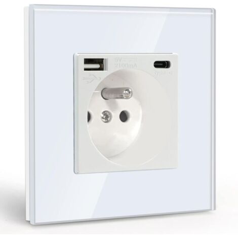Prise Murale avec USB et 1 Type C,16A Prise de Courant Alternatif avec Panneau en Verre,Multiprise Murale Max 2.1A,Convient au Smartphone, à la Tablette (Blanc)