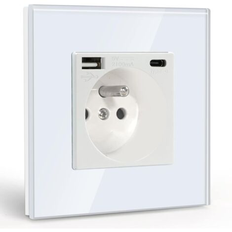 Prise Murale avec USB et 1 Type C,16A Prise de Courant Alternatif avec Panneau en Verre,Multiprise Murale Max 2.1A,Convient au Smartphone, à la Tablette (Blanc)
