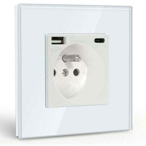 Prise Murale avec USB et 1 Type C,Blanc courant alternatif avec Panneau en verre cristal,Multiprise Murale avec USB(max2.1A),convient à la smartphone,à la tablette