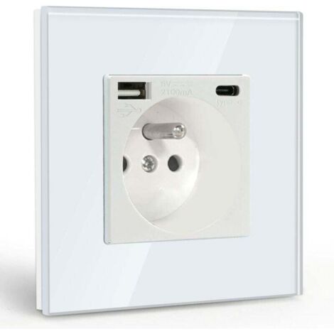 Prise Murale avec USB et 1 Type C,Blanc courant alternatif avec Panneau en verre cristal,Multiprise Murale avec USB(max2.1A),convient à la smartphone,à la tablette