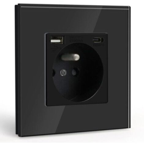 Prise Murale avec USB et 1 Type C,Noir courant alternatif avec Panneau en verre cristal,Multiprise Murale avec USB(max2.1A),convient à la smartphone,à la tablette