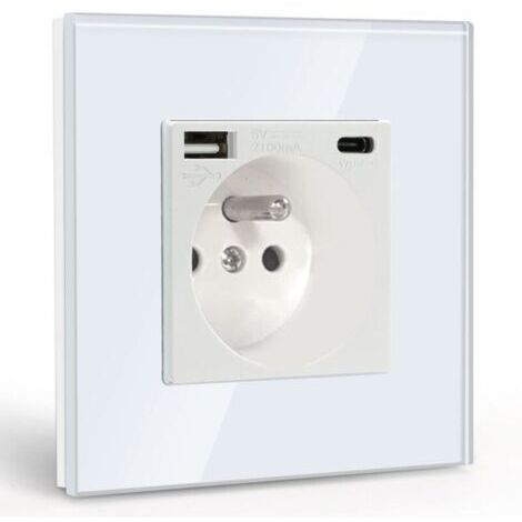 Prise murale avec USB et Type C – Charge rapide 2,1 A – Panneau en verre trempé – Protection contre les surtensions – Installation facile