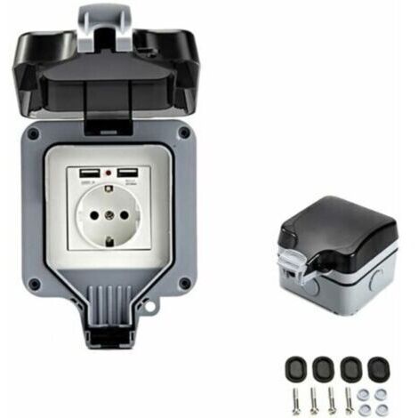 Prise murale d'extérieur double avec port USB, étanche et résistante, équipée d'une boîte murale simple pour une utilisation en extérieur.