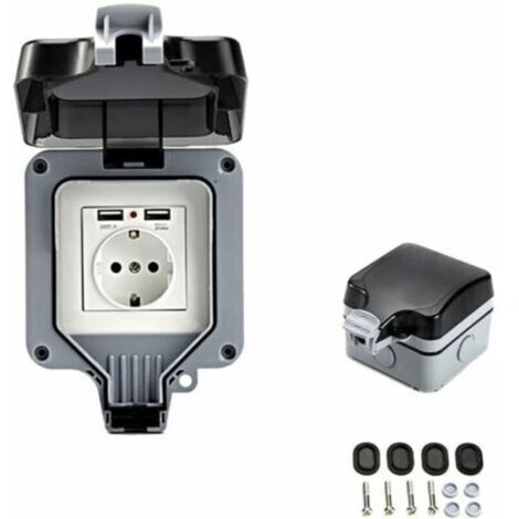 Prise murale d'extérieur double avec port USB, étanche et résistante, équipée d'une boîte murale simple pour une utilisation en extérieur.