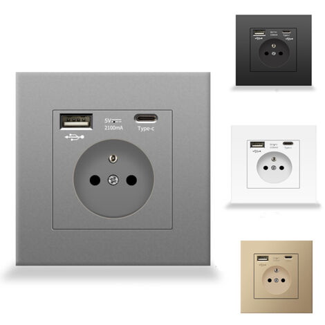 Prise murale française avec ports USB et Type-C, Prise de courant encastrable – Double prise avec chargeur rapide – Protection anti-surchauffe – Idéale pour bureau à domicile, chambre, salon