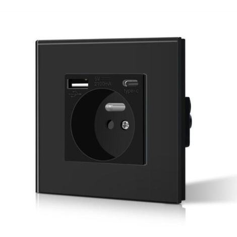 Prise murale française standard avec ports USB TypeC, boîtier PC noir, 16A, pour recharge et alimentation