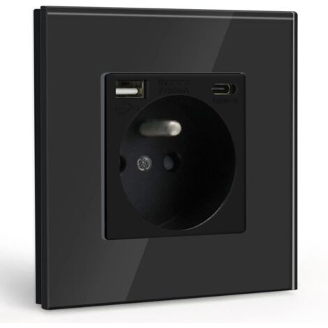 Prise murale USB et Type C – Charge rapide 2.1A – Panneau en verre trempé – Protection contre chocs électriques – 250V 16A