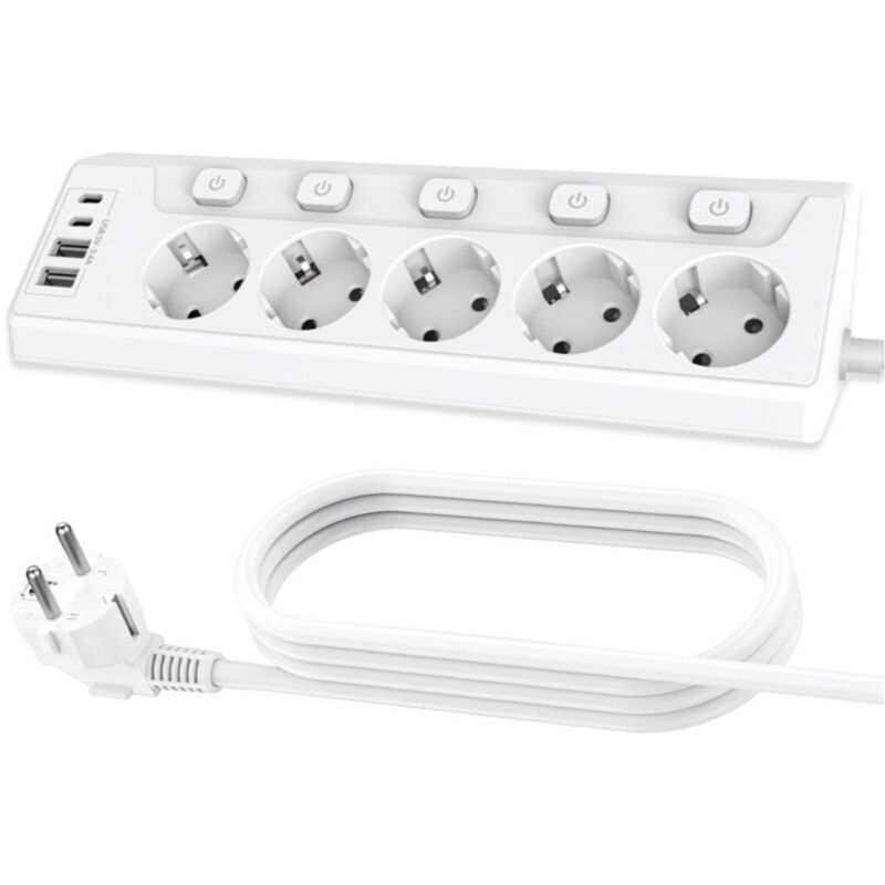Prise Plan de Travail Cuisine, Multiprises avec 2 Ports USB A et 2 Ports USB C, Multiprise 5 Prises avec Interrupteur, Rallonge Électrique 2m pour