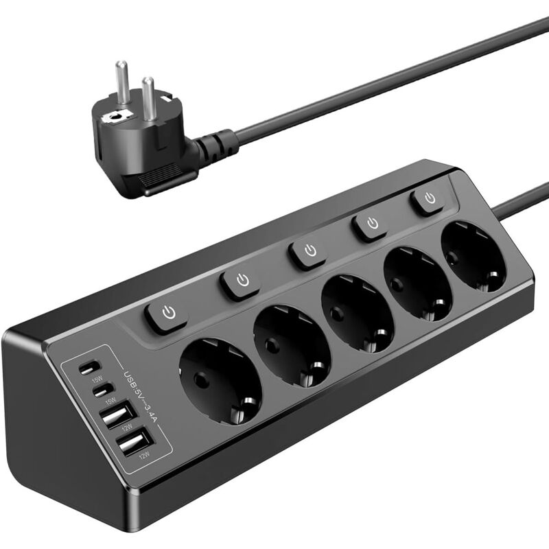 Prise Plan de Travail Cuisine, Multiprises avec 2 Ports USB A et 2 Ports USB C, Multiprise 5 Prises avec Interrupteur, Rallonge Électrique 2m pour