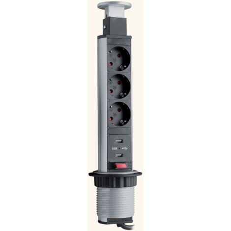 Prise plan de travail YATE - Bloc 3 prises rétractables + 2 USB - inox