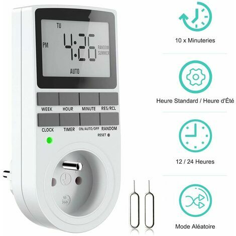 Prise Programmable Digitale, Minuterie Numérique Hebdomadaire avec Ecran LCD, Minuterie Prise Electrique 12H/24H/7Jours, Économie d'Energie Pour L'électroménagers et L'éclairage (1 Pack)