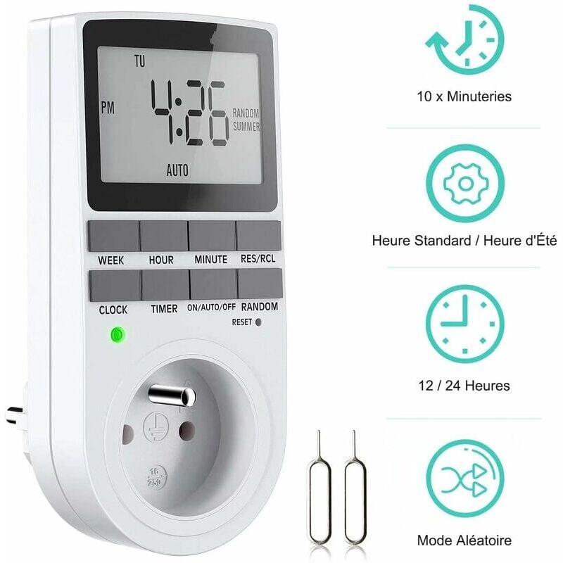 Prise Programmable Digitale, Minuterie Numérique Hebdomadaire avec Ecran lcd, Minuterie Prise Electrique 12H/24H/7Jours, Économie d'Energie Pour