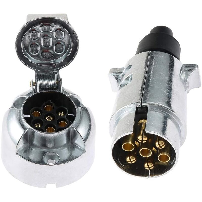 Prise Remorque 7 Broches Métal et Fiche Électrique remorque, Prise Attelage 7 Broches Femelle 12V Connecteur Prise Remorque Male 7 Broches Alliage