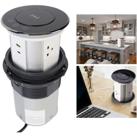 Prise Rétractable Intelligente - Contrôle WiFi et Touch - Aluminium - 3 Prises, 2 USB, Chargeur Wireless 15W - IP65 - Dimension 189x150mm