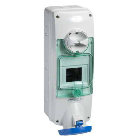 Prise socle 63A 2P+T saillie avec inter clapet bleu 200-250V 430x140x190mm avec boitier rail DIN 4M 6H IP65 PratiKa
