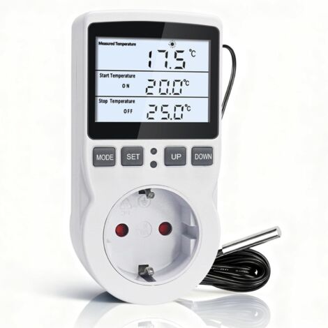 Prise Thermostat avec Sonde de 3 Mètres 220V, Régulateur de Température Prise Numérique avec Rétroéclairage LCD, Contrôleur de Température pour Couveuse Frigo Serre