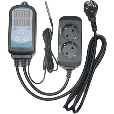 Prise Thermostat Numérique avec 2 Relais 220V Sonde, Controleur Température Chauffage Refroidissement pour Terrarium,Reptile,Incubateur,Serre,Couveuse,Brassage