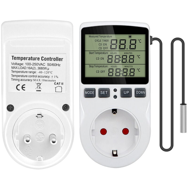 Prise Thermostat Numérique Régulateur de Température 230V 16A, Chauffage et Refroidissement Reptil Thermostat Minuterie Prise EU, pour Serres,