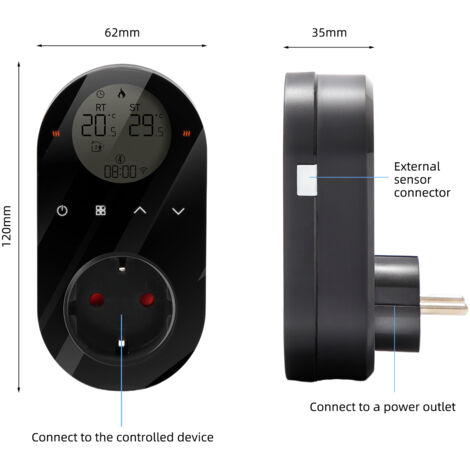 Prise thermostat numérique WiFi 16 A Tuya App & Prise à commande vocale Régulateur de température Écran LCD