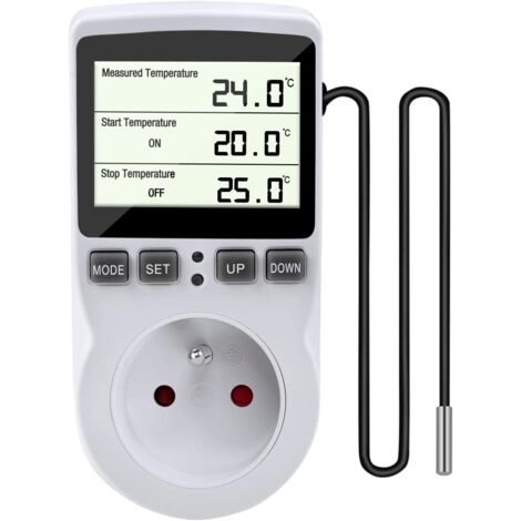 Prise Thermostat, Regulateur de Temperature, Chauffage Refroidissement Thermostat, Regulateur Numérique Thermostat avec Sonde, LCD Prise Contrôleur de Température pour Terrarium Aquarium Serre