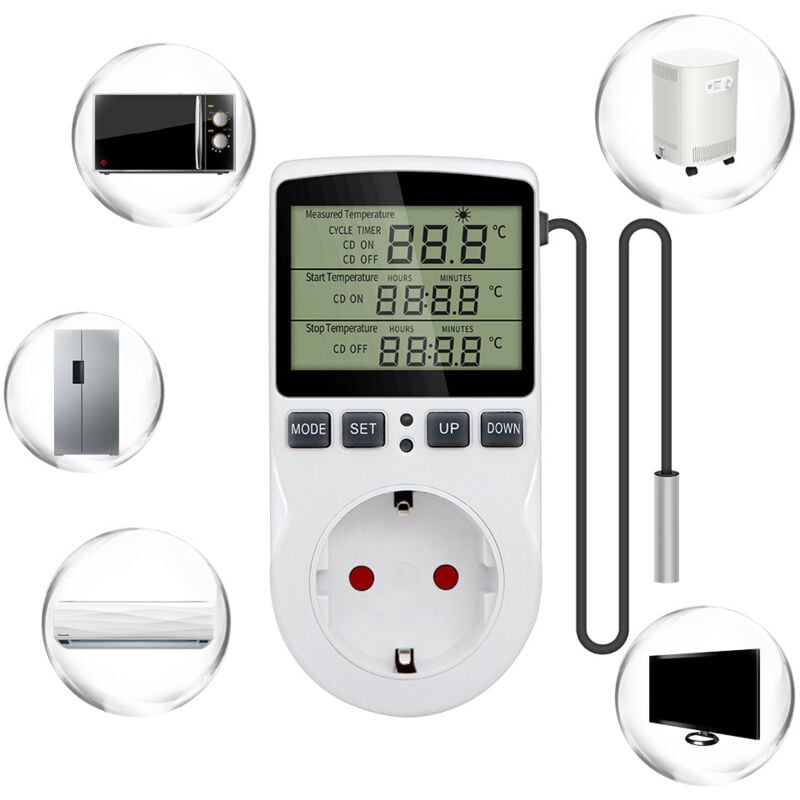 Prise Thermostat Regulateur de Temperature Numerique 220V Chauffage Refroidissement avec Sonde, lcd Prise Contrôleur de Température pour Frigo