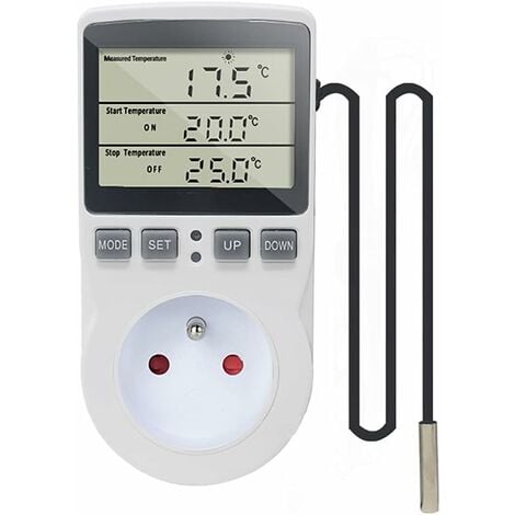 GALOZZOIT Prise Thermostat Regulateur de Temperature Numerique 220V Chauffage Refroidissement avec Sonde, LCD Prise Contrôleur de Température pour Frigo Incubateur Serre Ventilateur