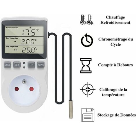 Prise Thermostat Regulateur de Temperature Numerique 220V Chauffage Refroidissement avec Sonde, LCD Prise Contrôleur de Température pour Frigo Incubateur Serre Ventilateur