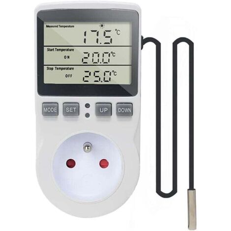 Prise Thermostat Regulateur de Temperature Numerique 220V Chauffage Refroidissement avec Sonde, LCD Prise Contrôleur de Température pour Frigo Incubateur Serre Ventilateur