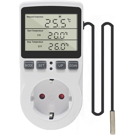 Prise Thermostat Regulateur de Temperature Numerique 220V Chauffage Refroidissement avec Sonde, LCD Prise Contrôleur de Température pour Frigo Incubateur Serre Ventilateur