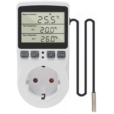 Prise Thermostat Regulateur de Temperature Numerique 220V Chauffage Refroidissement avec Sonde, LCD Prise Contrôleur de Température pour Frigo Incubateur Serre Ventilateur