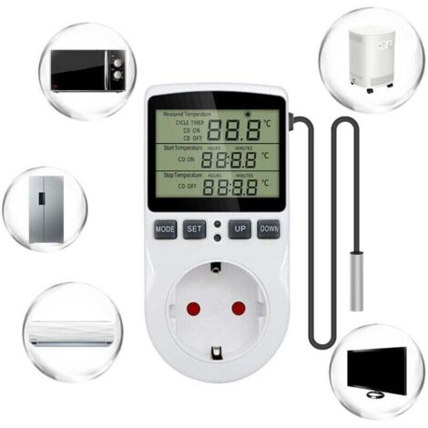 Prise Thermostat Regulateur de Temperature Numerique 220V Chauffage Refroidissement avec Sonde, LCD Prise Contrôleur de Température pour Frigo Incubateur Serre Ventilateur