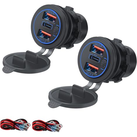 Prise USB 12-24v 66W PD et QC3.0 Étanche pour Moto, Voiture, Bateau, Camion, Caravane - Avec Interrupteur et Lumière Bleue (2 Pièces)