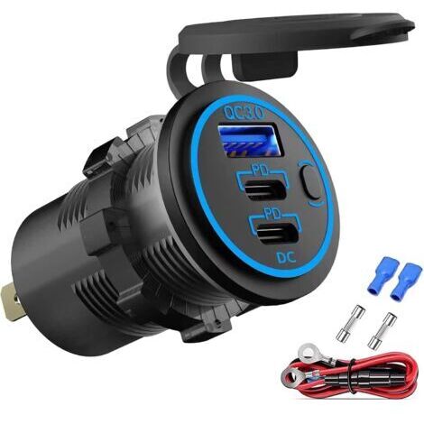 Prise USB 12 V double PD3.0 et QC3.0 avec interrupteur, charge rapide pour voiture, bateau, Android/iPhone
