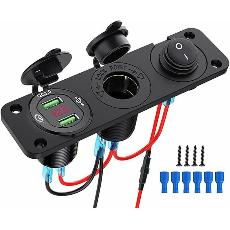 Start - Prise usb 12v Encastrable,Prise Allume Cigare 12v,Qc 3.0 12V Double Chargeur USB,Panneau de Prise Allume-Cigare,Interrupteur à Bascule