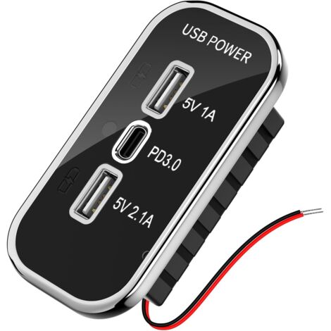 Prise USB 3 Ports 12 V, PD3.0 & Double Prise de Chargement USB, 12V Prise de Chargeur USB pour 12V/ 24V Voitures SUV Marin de Bateau
