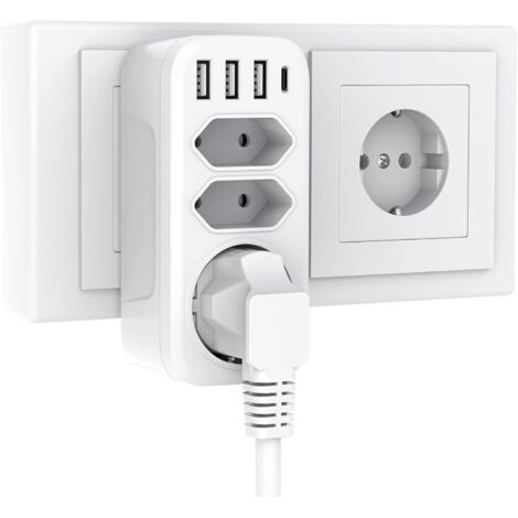 Prise USB, 3 prises avec 3 ports USB et 1 port Type-C, adaptateur de prise 7 en 1, adaptateur de prise murale (blanc),