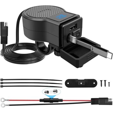 Prise USB 72W étanche pour Moto, Chargeur Moto avec Interrupteur, Câble Type-C Rétractable + QC4.0/PD3.0, Prise Motocycle SAE-an-USB avec LED Voltage pour ATV/Dirt Bike, Cell Phone/GPS