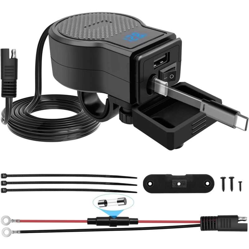 Prise USB 72W étanche pour Moto, Chargeur Moto avec Interrupteur, Câble Type-C Rétractable + QC4.0/PD3.0, Prise Motocycle SAE-an-USB avec LED Voltage
