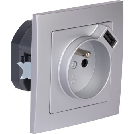 Prise + USB A encastrés + plaque de finition Kalya - Argent - Zenitech