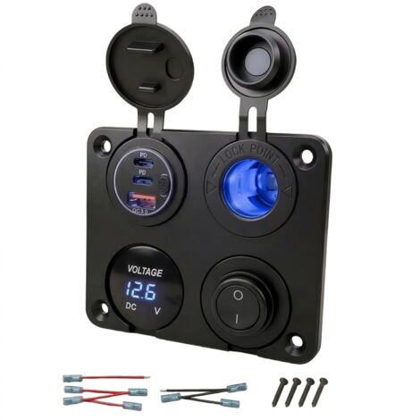 Prise USB-C 4-en-1 12V avec Allume-Cigare 150W, Chargeur Triple Port (Max 75W), Voltmètre LED Bleu et Interruptur à Bascule Étanche pour Voiture, Bateau, Camping-Car et Accessoires Auto