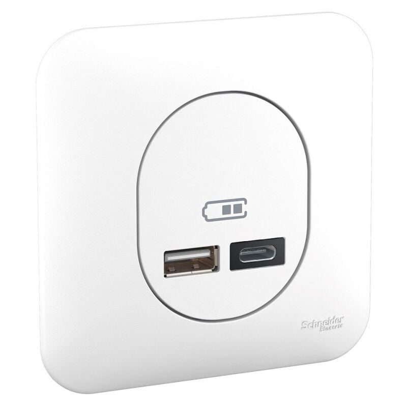 Prise usb double type a+c sortie 5V encastré blanc complete avec plaque fixation vis/griffes ovalis