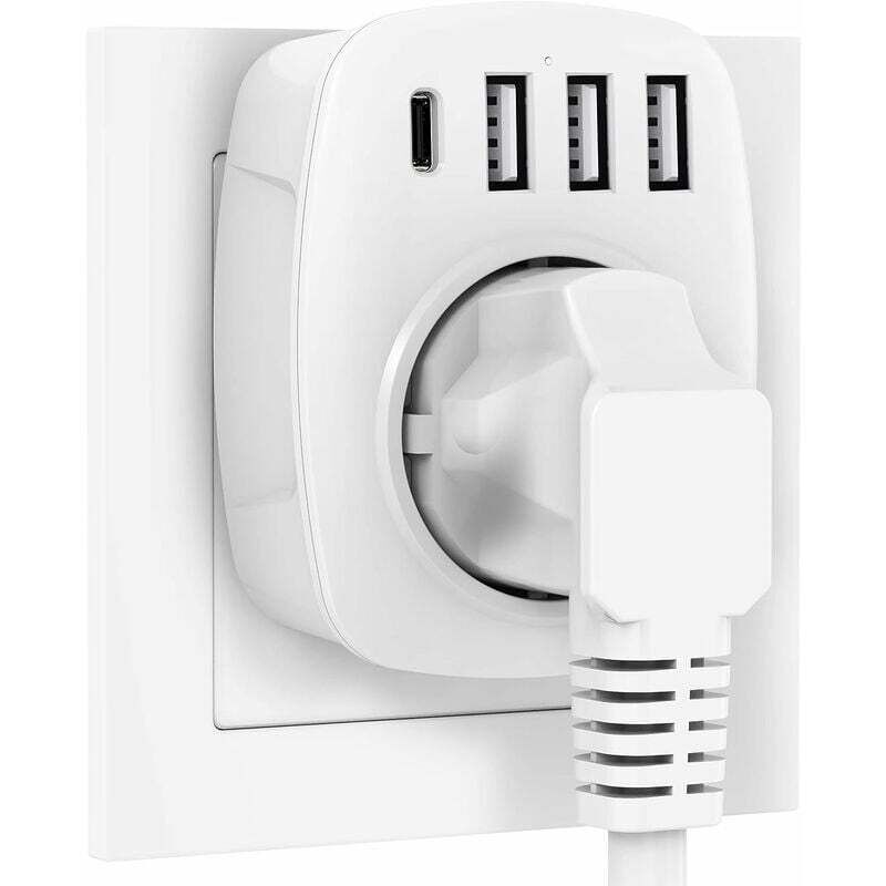 Sunxury - Prise usb, prises avec 3 chargeurs usb (2,4 a) et 1 port de type c (3 a), adaptateur de prise 5 en 1, adaptateur de prise murale (blanc)