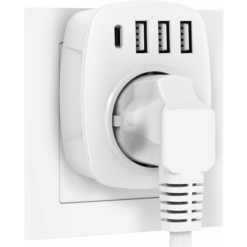 Prise USB, prises avec 3 chargeurs USB (2,4 A) et 1 port de type C (3 A), adaptateur de prise 5 en 1, adaptateur de prise murale (blanc)