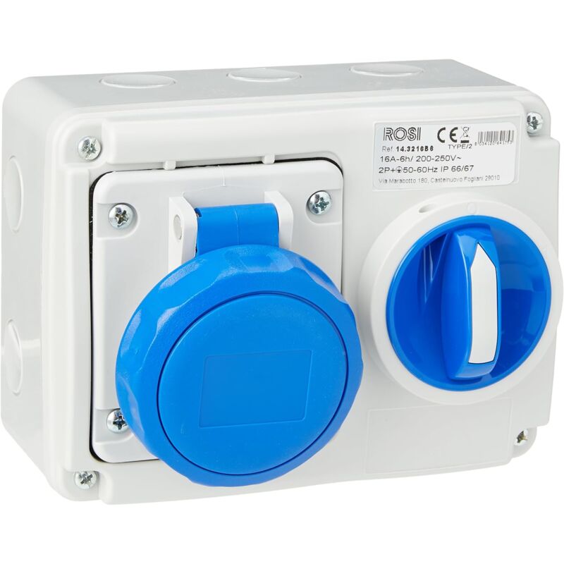 Rosi - Prise verrouillée horizontale industrielle 16A IP67 2P+T Bleu 14.3216B6