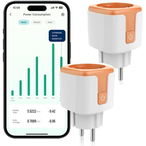 Prise Wi-Fi 16 A avec mesure de courant, prise intelligente, prise WiFi, compteur des coûts énergétiques, commande vocale, minuterie, programmateur (2 pièce)
